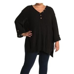 Stitchdrop Womens Slub V-Neck Roll Tab Sleeve Button Henley in Black 1X MSRP $72